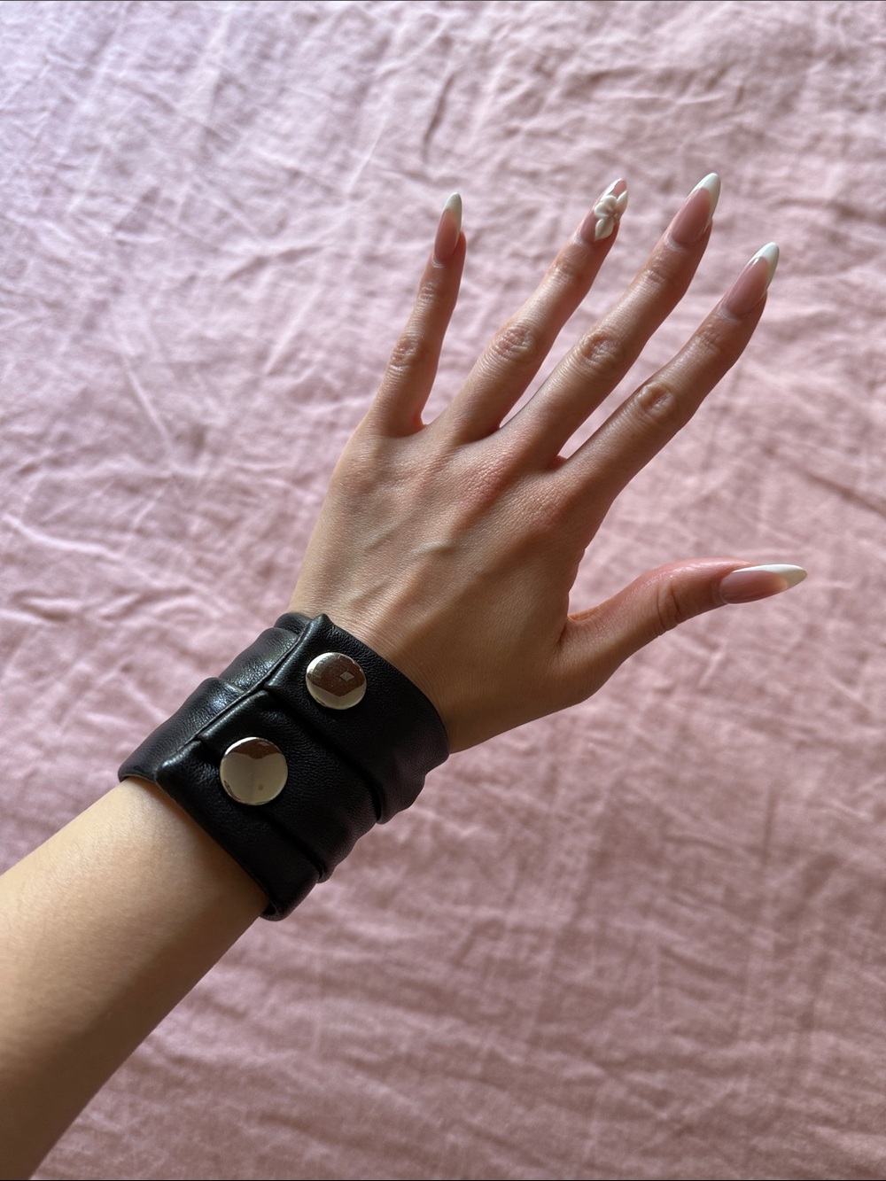 Black Leather Snap Cuff Bracelet with Silver Studs